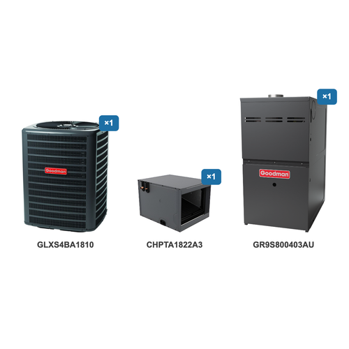 Goodman 1.5 Ton Air Conditioner & Ultra Low NOx Gas Furnace System: GLXS4BA1810, CHPTA1822A3, GR9S800403AU