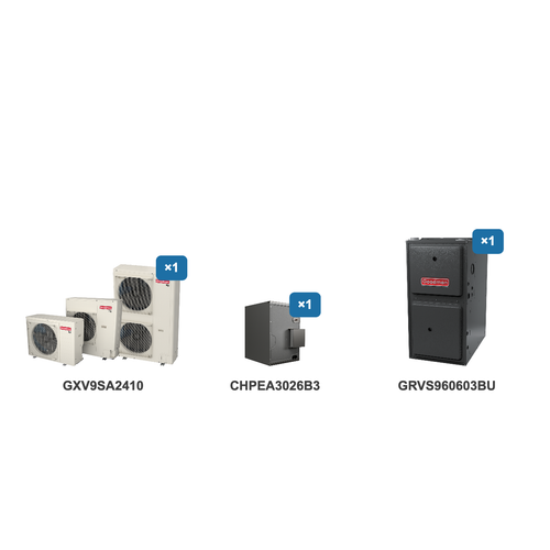 Goodman 2 Ton Air Conditioner & Ultra Low NOx Gas Furnace System: GXV9SA2410, CHPEA3026B3, GRVS960603BU