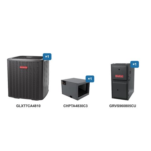 Goodman 4 Ton Air Conditioner & Ultra Low NOx Gas Furnace System: GLXT7CA4810, CHPTA4830C3, GRVS960805CU