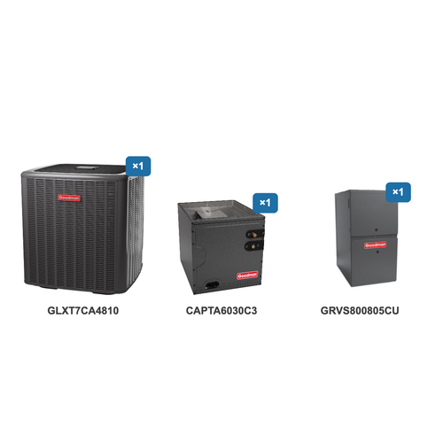 Goodman 4 Ton Air Conditioner & Ultra Low NOx Gas Furnace System: GLXT7CA4810, CAPTA6030C3, GRVS800805CU