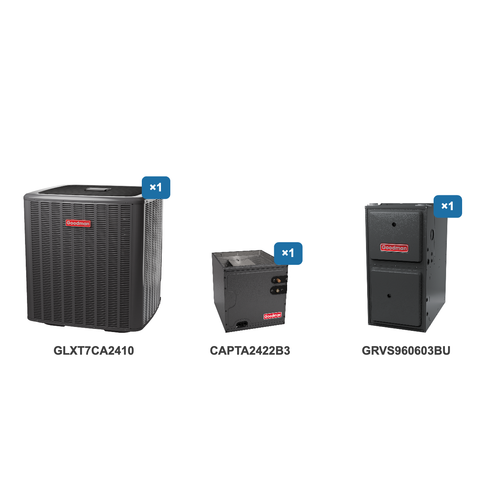 Goodman 2 Ton Air Conditioner & Ultra Low NOx Gas Furnace System: GLXT7CA2410, CAPTA2422B3, GRVS960603BU