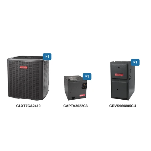 Goodman 2 Ton Air Conditioner & Ultra Low NOx Gas Furnace System: GLXT7CA2410, CAPTA3022C3, GRVS960805CU