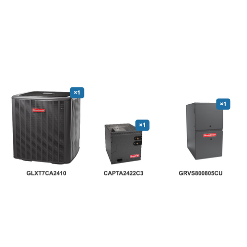 Goodman 2 Ton Air Conditioner & Ultra Low NOx Gas Furnace System: GLXT7CA2410, CAPTA2422C3, GRVS800805CU