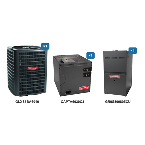 Goodman 5 Ton Air Conditioner & Ultra Low NOx Gas Furnace System: GLXS5BA6010, CAPTA6030C3, GR9S800805CU