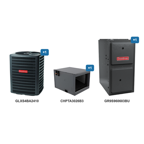 Goodman 2 Ton Air Conditioner & Ultra Low NOx Gas Furnace System: GLXS4BA2410, CHPTA3026B3, GR9S960603BU