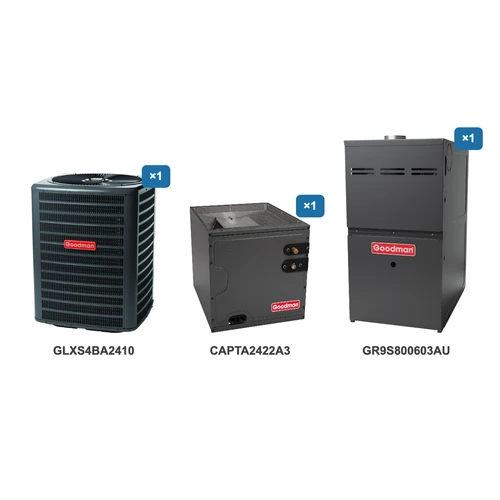 Goodman 2 Ton Air Conditioner & Ultra Low NOx Gas Furnace System: GLXS4BA2410, CAPTA2422A3, GR9S800603AU
