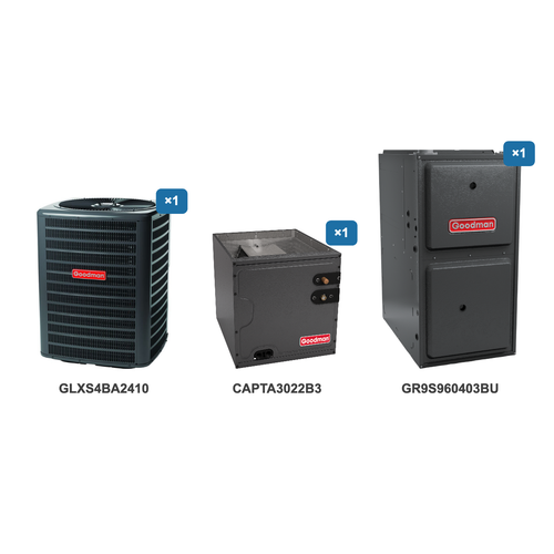 Goodman 2 Ton Air Conditioner & Ultra Low NOx Gas Furnace System: GLXS4BA2410, CAPTA3022B3, GR9S960403BU