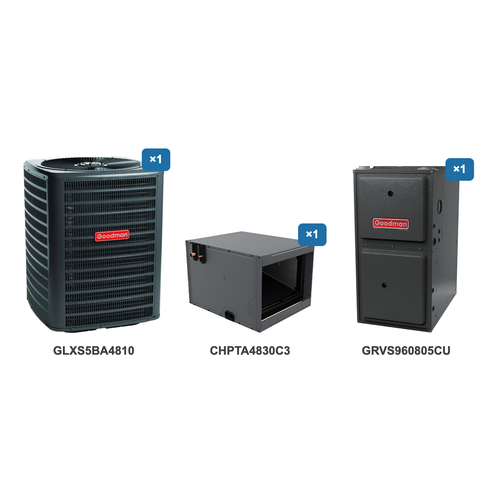 Goodman 4 Ton Air Conditioner & Ultra Low NOx Gas Furnace System: GLXS5BA4810, CHPTA4830C3, GRVS960805CU