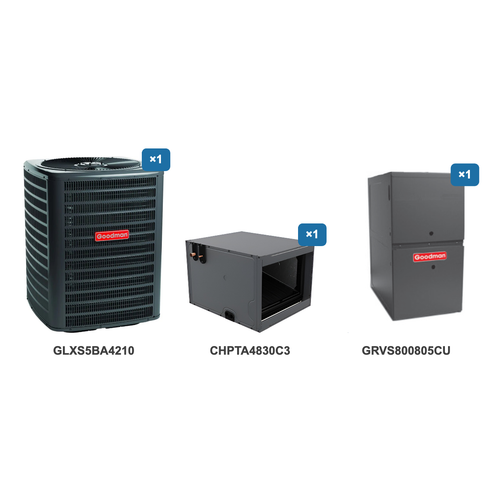 Goodman 3.5 Ton Air Conditioner & Ultra Low NOx Gas Furnace System: GLXS5BA4210, CHPTA4830C3, GRVS800805CU