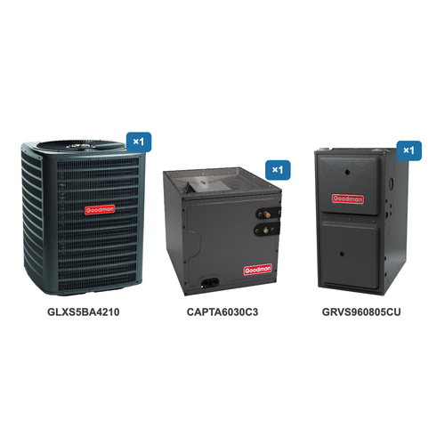 Goodman 3.5 Ton Air Conditioner & Ultra Low NOx Gas Furnace System: GLXS5BA4210, CAPTA6030C3, GRVS960805CU