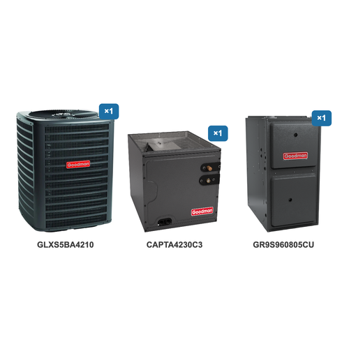Goodman 3.5 Ton Air Conditioner & Ultra Low NOx Gas Furnace System: GLXS5BA4210, CAPTA4230C3, GR9S960805CU
