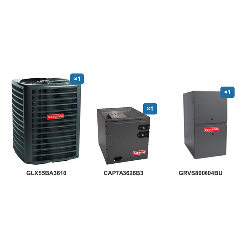 Goodman 3 Ton Air Conditioner & Ultra Low NOx Gas Furnace System: GLXS5BA3610, CAPTA3626B3, GRVS800604BU