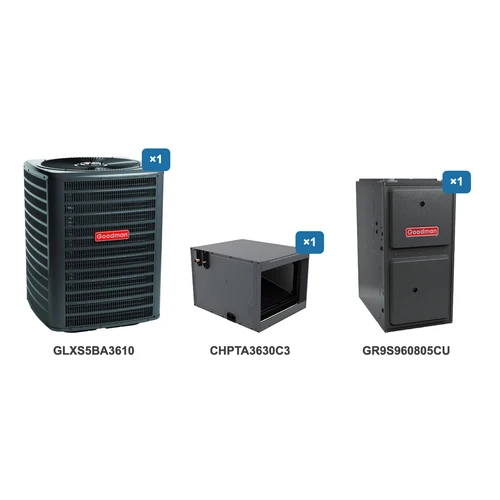 Goodman 3 Ton Air Conditioner & Ultra Low NOx Gas Furnace System: GLXS5BA3610, CHPTA3630C3, GR9S960805CU