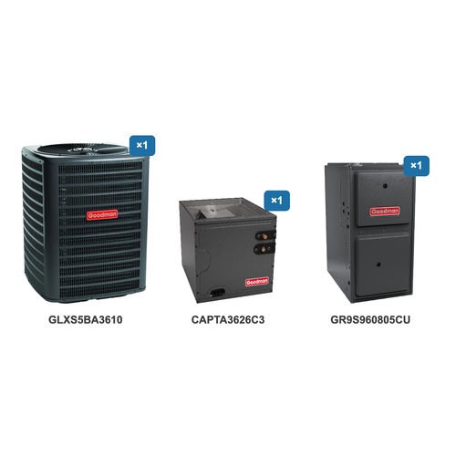 Goodman 3 Ton Air Conditioner & Ultra Low NOx Gas Furnace System: GLXS5BA3610, CAPTA3626C3, GR9S960805CU