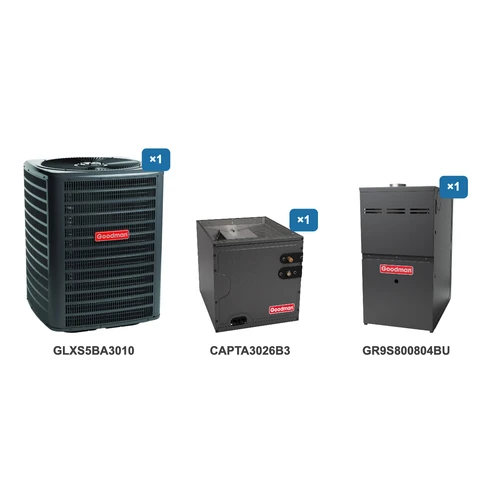 Goodman 2.5 Ton Air Conditioner & Ultra Low NOx Gas Furnace System: GLXS5BA3010, CAPTA3026B3, GR9S800804BU