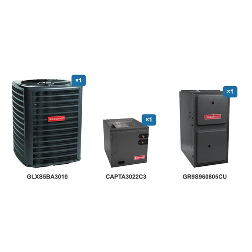 Goodman 2.5 Ton Air Conditioner & Ultra Low NOx Gas Furnace System: GLXS5BA3010, CAPTA3022C3, GR9S960805CU
