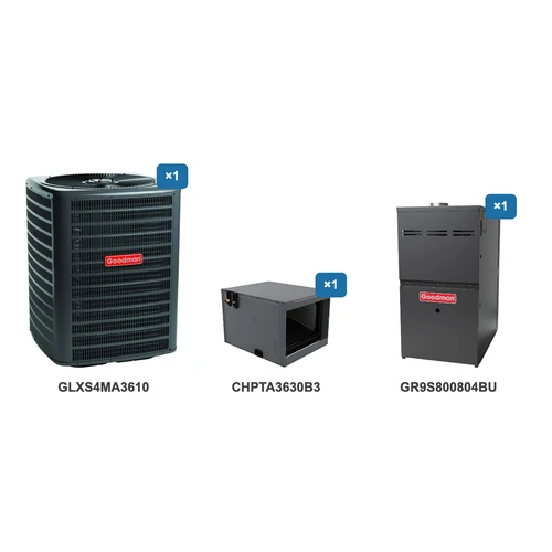 Goodman 3 Ton Air Conditioner & Ultra Low NOx Gas Furnace System: GLXS4MA3610, CHPTA3630B3, GR9S800804BU