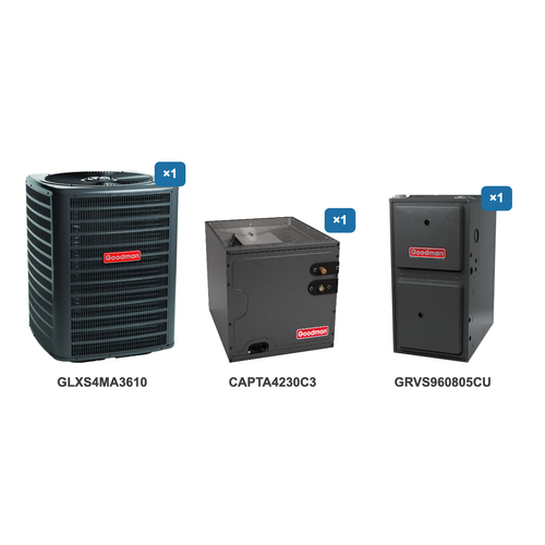 Goodman 3 Ton Air Conditioner & Ultra Low NOx Gas Furnace System: GLXS4MA3610, CAPTA4230C3, GRVS960805CU