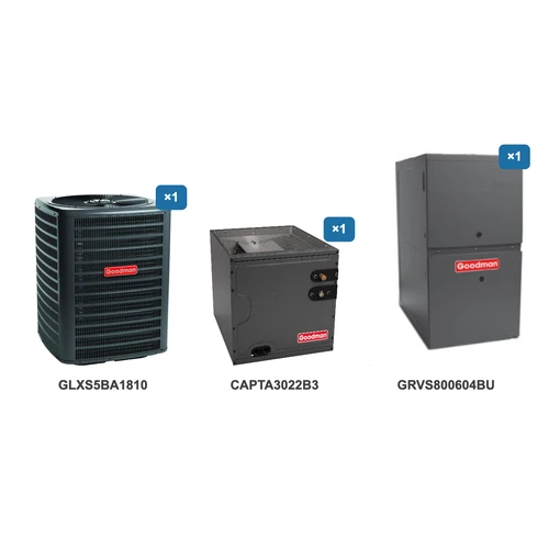 Goodman 1.5 Ton Air Conditioner & Ultra Low NOx Gas Furnace System: GLXS5BA1810, CAPTA3022B3, GRVS800604BU