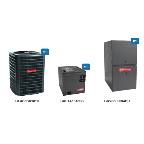 Goodman 1.5 Ton Air Conditioner & Ultra Low NOx Gas Furnace System: GLXS5BA1810, CAPTA1818B3, GRVS800604BU