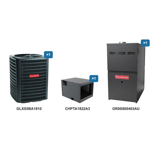 Goodman 1.5 Ton Air Conditioner & Ultra Low NOx Gas Furnace System: GLXS5BA1810, CHPTA1822A3, GR9S800403AU