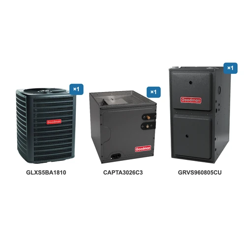 Goodman 1.5 Ton Air Conditioner & Ultra Low NOx Gas Furnace System: GLXS5BA1810, CAPTA3026C3, GRVS960805CU