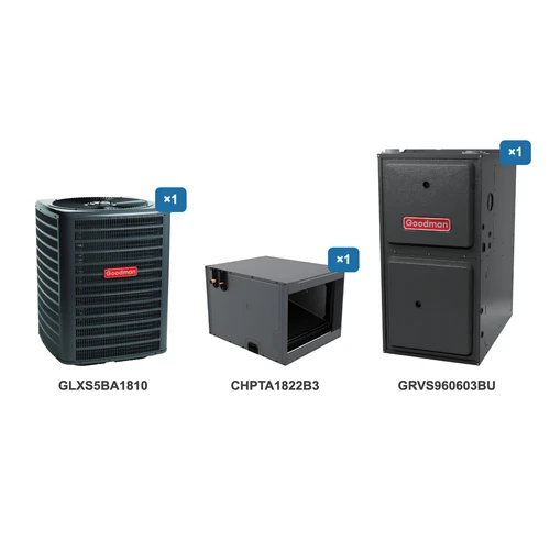Goodman 1.5 Ton Air Conditioner & Ultra Low NOx Gas Furnace System: GLXS5BA1810, CHPTA1822B3, GRVS960603BU