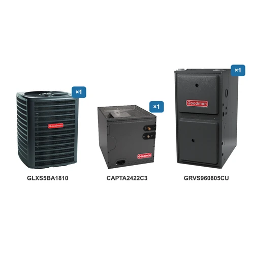 Goodman 1.5 Ton Air Conditioner & Ultra Low NOx Gas Furnace System: GLXS5BA1810, CAPTA2422C3, GRVS960805CU