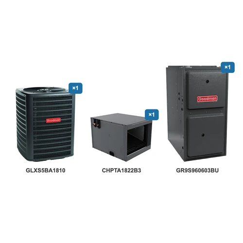 Goodman 1.5 Ton Air Conditioner & Ultra Low NOx Gas Furnace System: GLXS5BA1810, CHPTA1822B3, GR9S960603BU