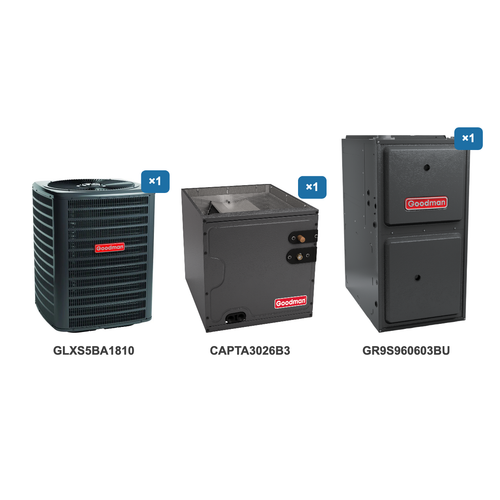 Goodman 1.5 Ton Air Conditioner & Ultra Low NOx Gas Furnace System: GLXS5BA1810, CAPTA3026B3, GR9S960603BU