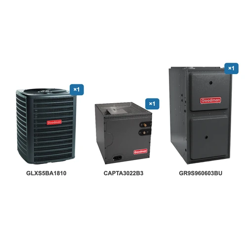 Goodman 1.5 Ton Air Conditioner & Ultra Low NOx Gas Furnace System: GLXS5BA1810, CAPTA3022B3, GR9S960603BU