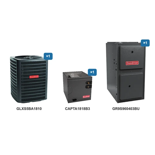Goodman 1.5 Ton Air Conditioner & Ultra Low NOx Gas Furnace System: GLXS5BA1810, CAPTA1818B3, GR9S960403BU