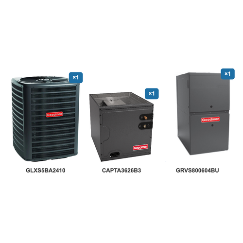 Goodman 2 Ton Air Conditioner & Ultra Low NOx Gas Furnace System: GLXS5BA2410, CAPTA3626B3, GRVS800604BU