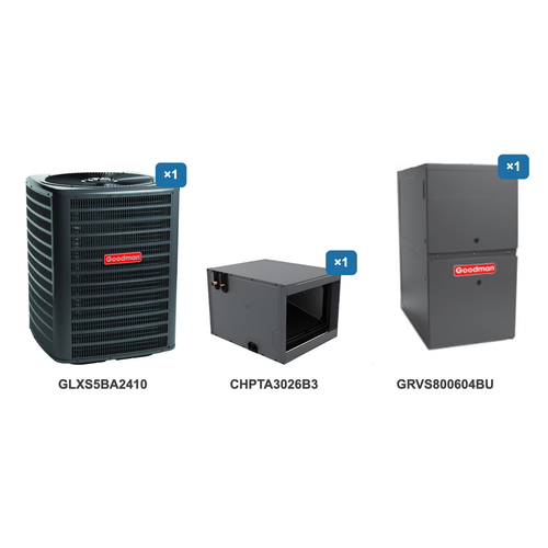 Goodman 2 Ton Air Conditioner & Ultra Low NOx Gas Furnace System: GLXS5BA2410, CHPTA3026B3, GRVS800604BU