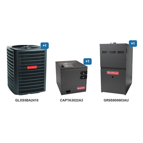 Goodman 2 Ton Air Conditioner & Ultra Low NOx Gas Furnace System: GLXS5BA2410, CAPTA3022A3, GR9S800603AU
