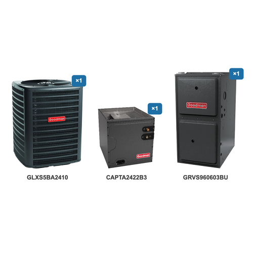 Goodman 2 Ton Air Conditioner & Ultra Low NOx Gas Furnace System: GLXS5BA2410, CAPTA2422B3, GRVS960603BU