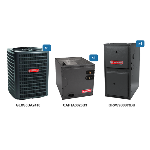 Goodman 2 Ton Air Conditioner & Ultra Low NOx Gas Furnace System: GLXS5BA2410, CAPTA3026B3, GRVS960603BU