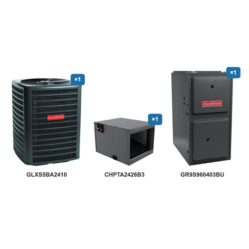 Goodman 2 Ton Air Conditioner & Ultra Low NOx Gas Furnace System: GLXS5BA2410, CHPTA2426B3, GR9S960403BU