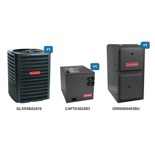 Goodman 2 Ton Air Conditioner & Ultra Low NOx Gas Furnace System: GLXS5BA2410, CAPTA3022B3, GR9S960403BU
