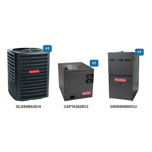 Goodman 2.5 Ton Air Conditioner & Ultra Low NOx Gas Furnace System: GLXS4MA3010, CAPTA3626C3, GR9S800805CU