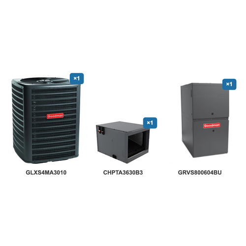 Goodman 2.5 Ton Air Conditioner & Ultra Low NOx Gas Furnace System: GLXS4MA3010, CHPTA3630B3, GRVS800604BU