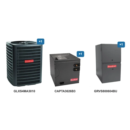 Goodman 2.5 Ton Air Conditioner & Ultra Low NOx Gas Furnace System: GLXS4MA3010, CAPTA3626B3, GRVS800604BU