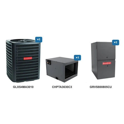 Goodman 2.5 Ton Air Conditioner & Ultra Low NOx Gas Furnace System: GLXS4MA3010, CHPTA3630C3, GRVS800805CU