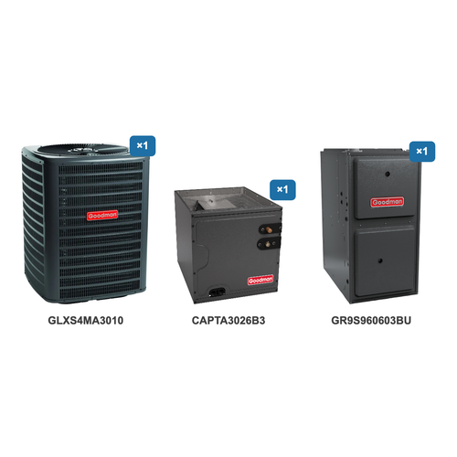 Goodman 2.5 Ton Air Conditioner & Ultra Low NOx Gas Furnace System: GLXS4MA3010, CAPTA3026B3, GR9S960603BU