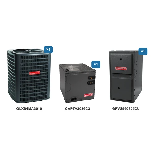 Goodman 2.5 Ton Air Conditioner & Ultra Low NOx Gas Furnace System: GLXS4MA3010, CAPTA3026C3, GRVS960805CU