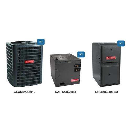 Goodman 2.5 Ton Air Conditioner & Ultra Low NOx Gas Furnace System: GLXS4MA3010, CAPTA3626B3, GR9S960403BU