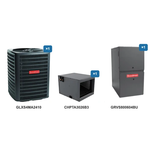 Goodman 2 Ton Air Conditioner & Ultra Low NOx Gas Furnace System: GLXS4MA2410, CHPTA3026B3, GRVS800604BU