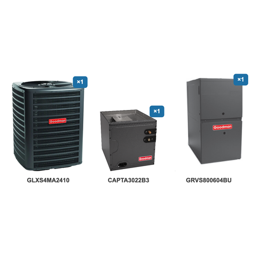 Goodman 2 Ton Air Conditioner & Ultra Low NOx Gas Furnace System: GLXS4MA2410, CAPTA3022B3, GRVS800604BU