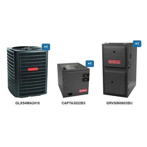 Goodman 2 Ton Air Conditioner & Ultra Low NOx Gas Furnace System: GLXS4MA2410, CAPTA3022B3, GRVS960603BU