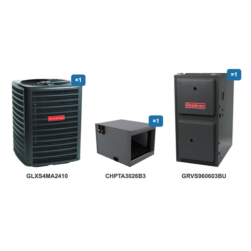 Goodman 2 Ton Air Conditioner & Ultra Low NOx Gas Furnace System: GLXS4MA2410, CHPTA3026B3, GRVS960603BU